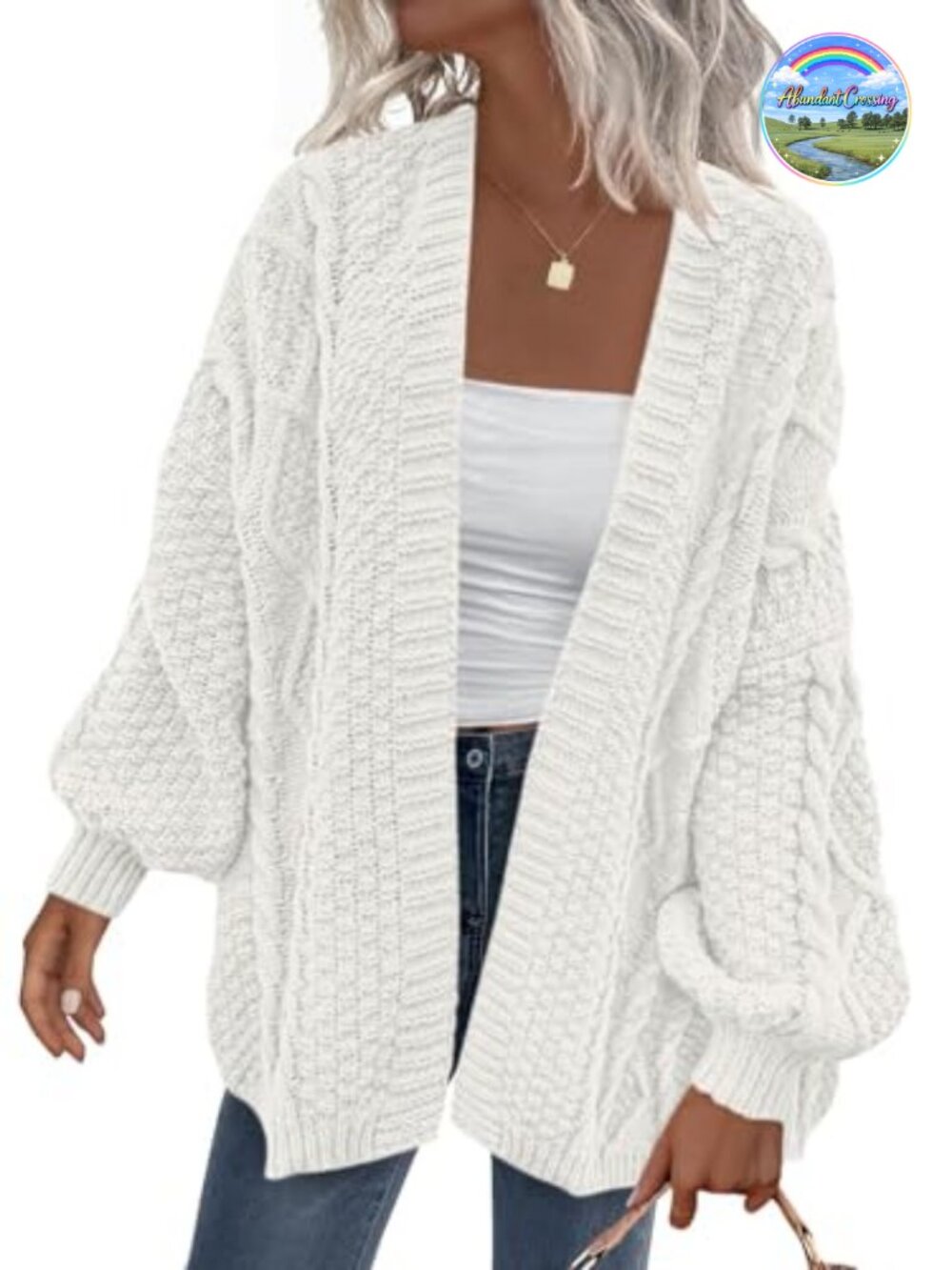 Cable Knit Open Front Cardigan Chunky Lantern Sleeve Fall Sweater